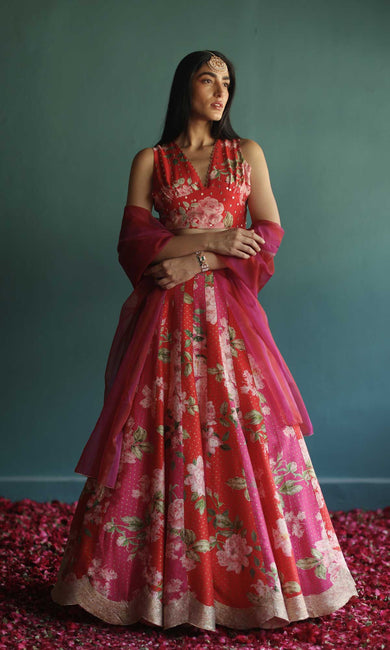 Be My Valentine- Red & Pink digitally printed chanderi lehenga with hand embroidered blouse and organza dupatta (set of 3)