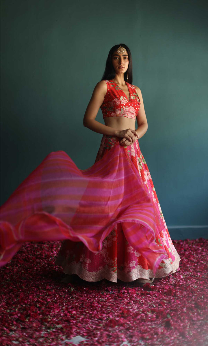 Be My Valentine- Red & Pink digitally printed chanderi lehenga with hand embroidered blouse and organza dupatta (set of 3)