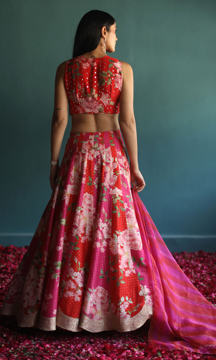 Be My Valentine- Red & Pink digitally printed chanderi lehenga with hand embroidered blouse and organza dupatta (set of 3)
