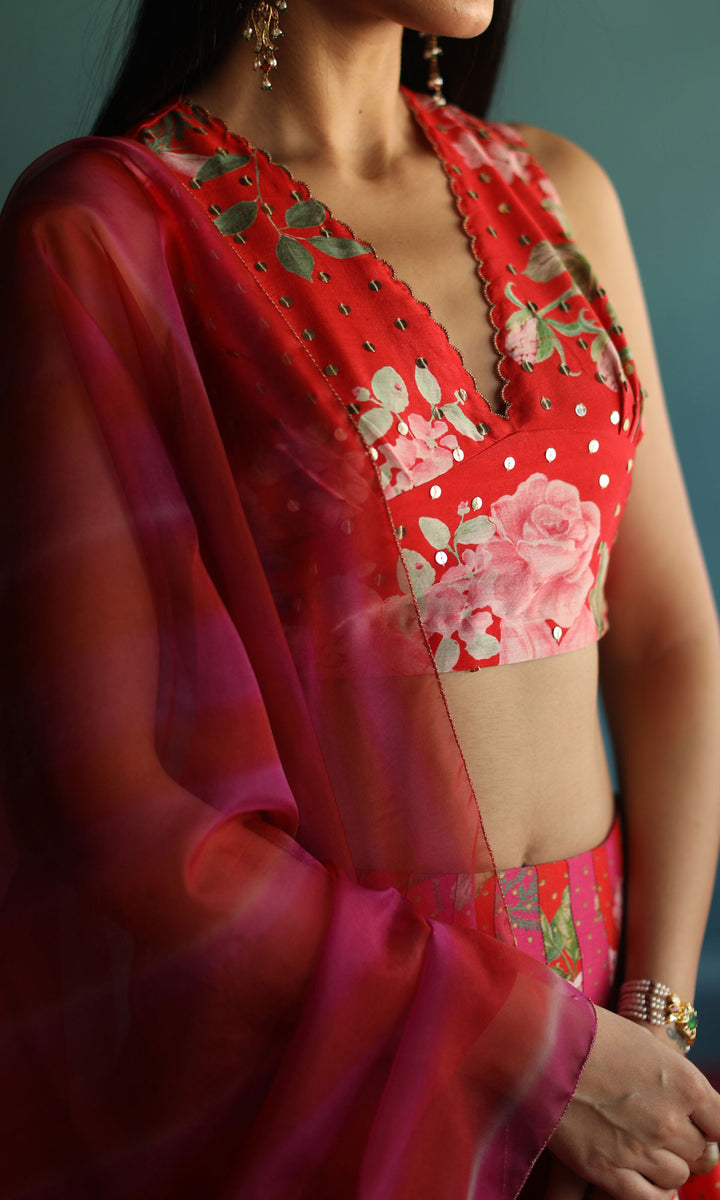 Be My Valentine- Red & Pink digitally printed chanderi lehenga with hand embroidered blouse and organza dupatta (set of 3)