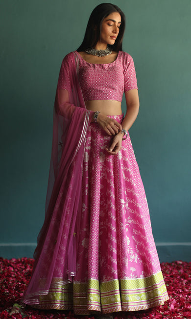 Bouquet of Love- Pink digitally printed chanderi lehenga with hand embroidered blouse and net dupatta (set of 3)