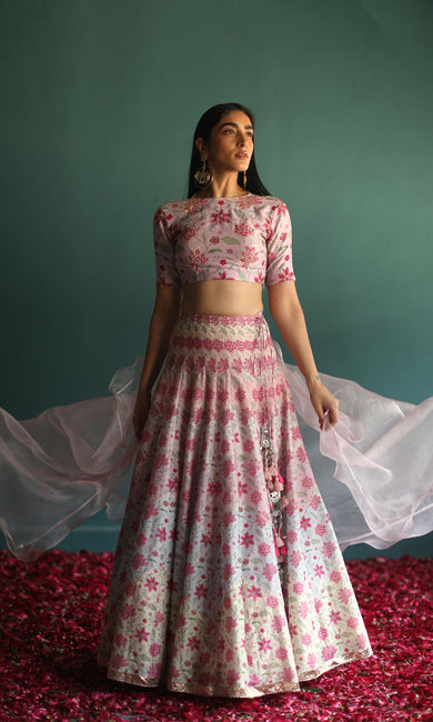 New Love- Pastel digitally printed chanderi lehenga with hand embroidered blouse and organza dupatta (set of 3)