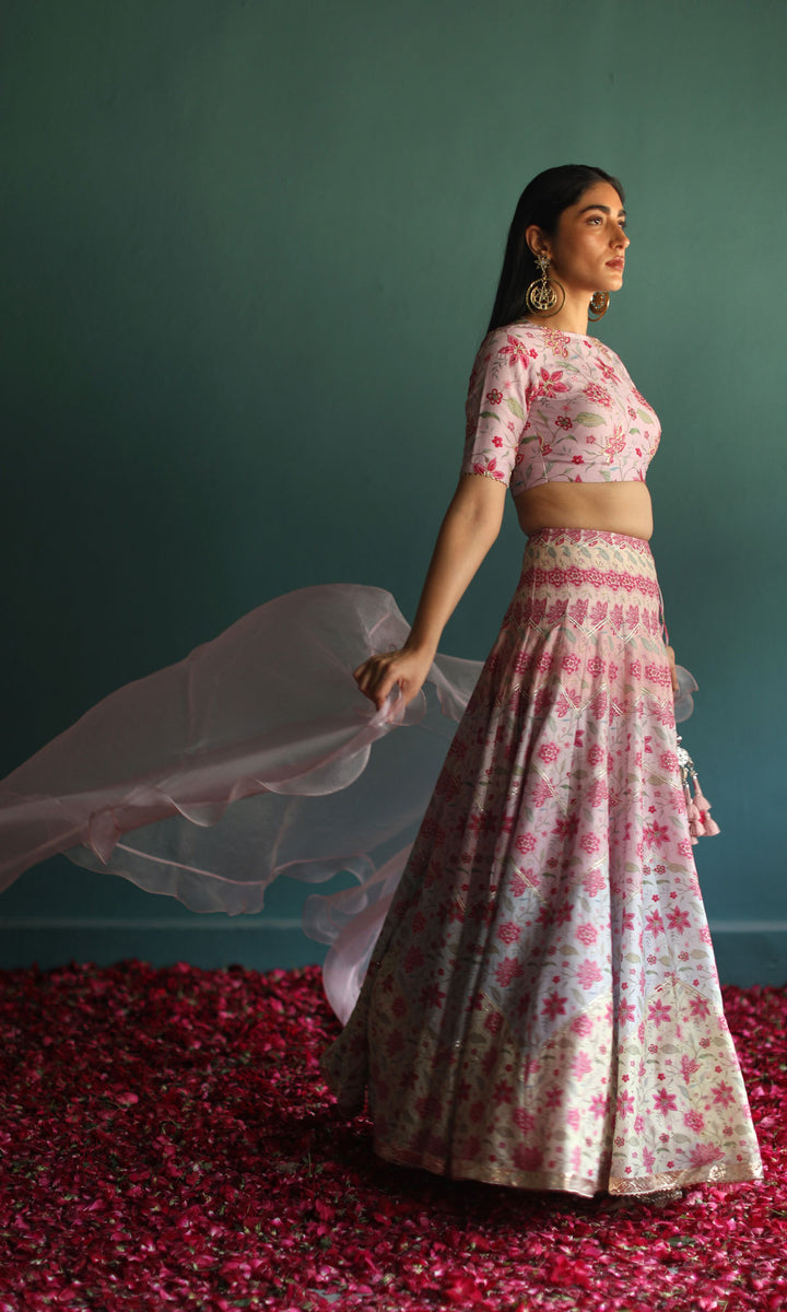 New Love- Pastel digitally printed chanderi lehenga with hand embroidered blouse and organza dupatta (set of 3)