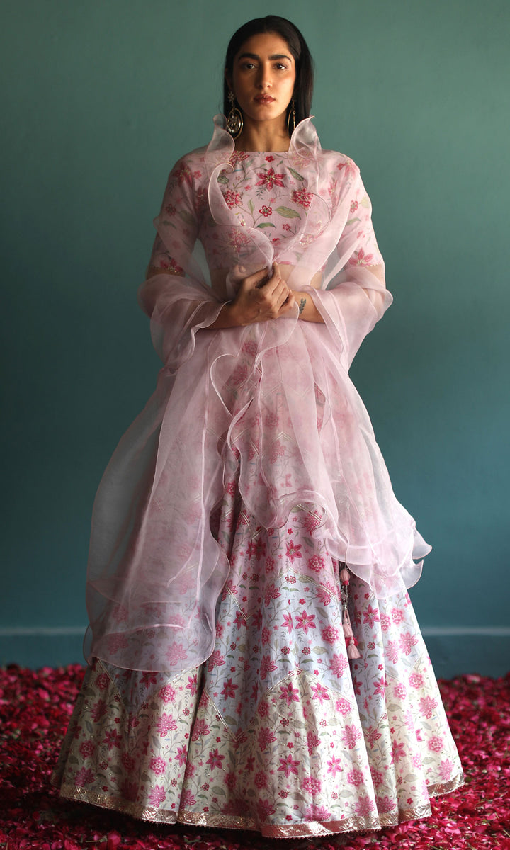 New Love- Pastel digitally printed chanderi lehenga with hand embroidered blouse and organza dupatta (set of 3)