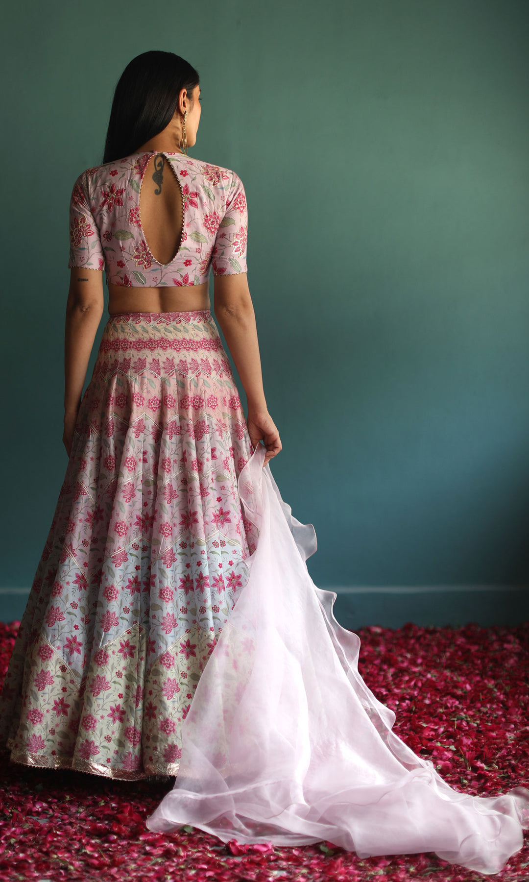 New Love- Pastel digitally printed chanderi lehenga with hand embroidered blouse and organza dupatta (set of 3)