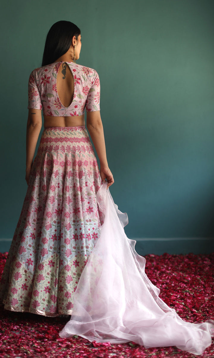 New Love- Pastel digitally printed chanderi lehenga with hand embroidered blouse and organza dupatta (set of 3)