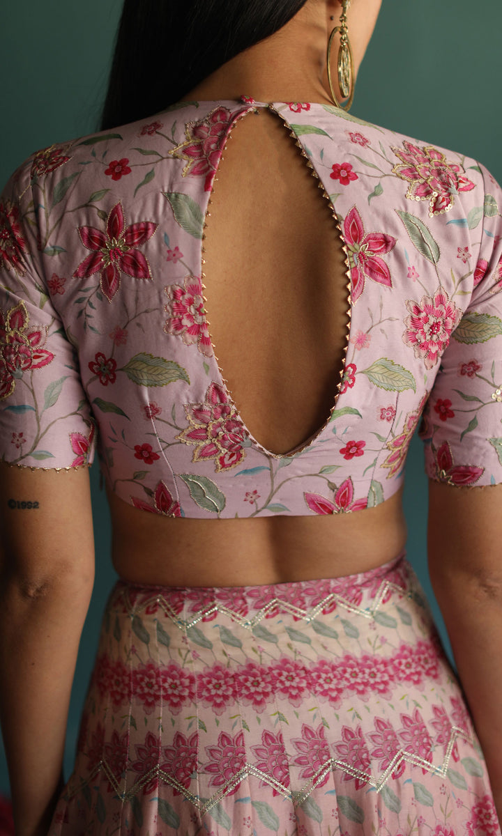New Love- Pastel digitally printed chanderi lehenga with hand embroidered blouse and organza dupatta (set of 3)
