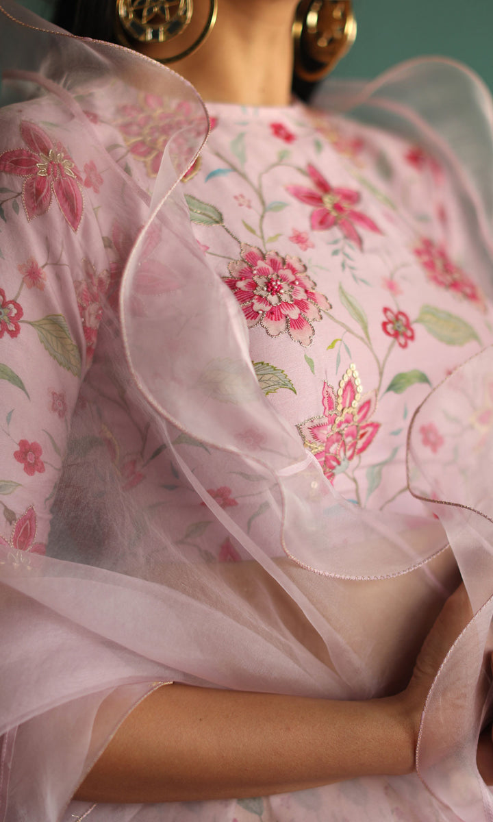 New Love- Pastel digitally printed chanderi lehenga with hand embroidered blouse and organza dupatta (set of 3)