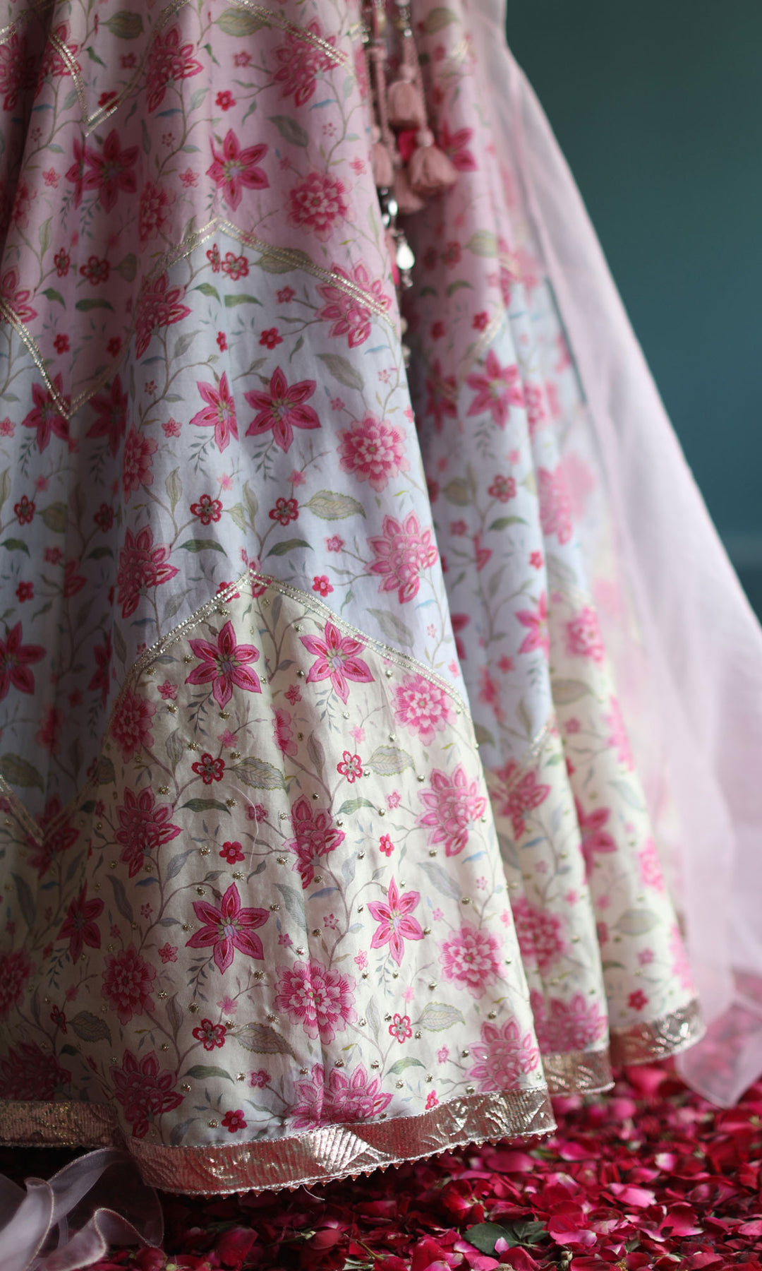 New Love- Pastel digitally printed chanderi lehenga with hand embroidered blouse and organza dupatta (set of 3)