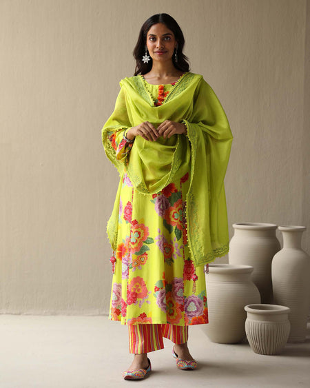 Nargis Set- Lime chanderi hand embroidered kurta with pants and embroidered dupatta (Set of 3)