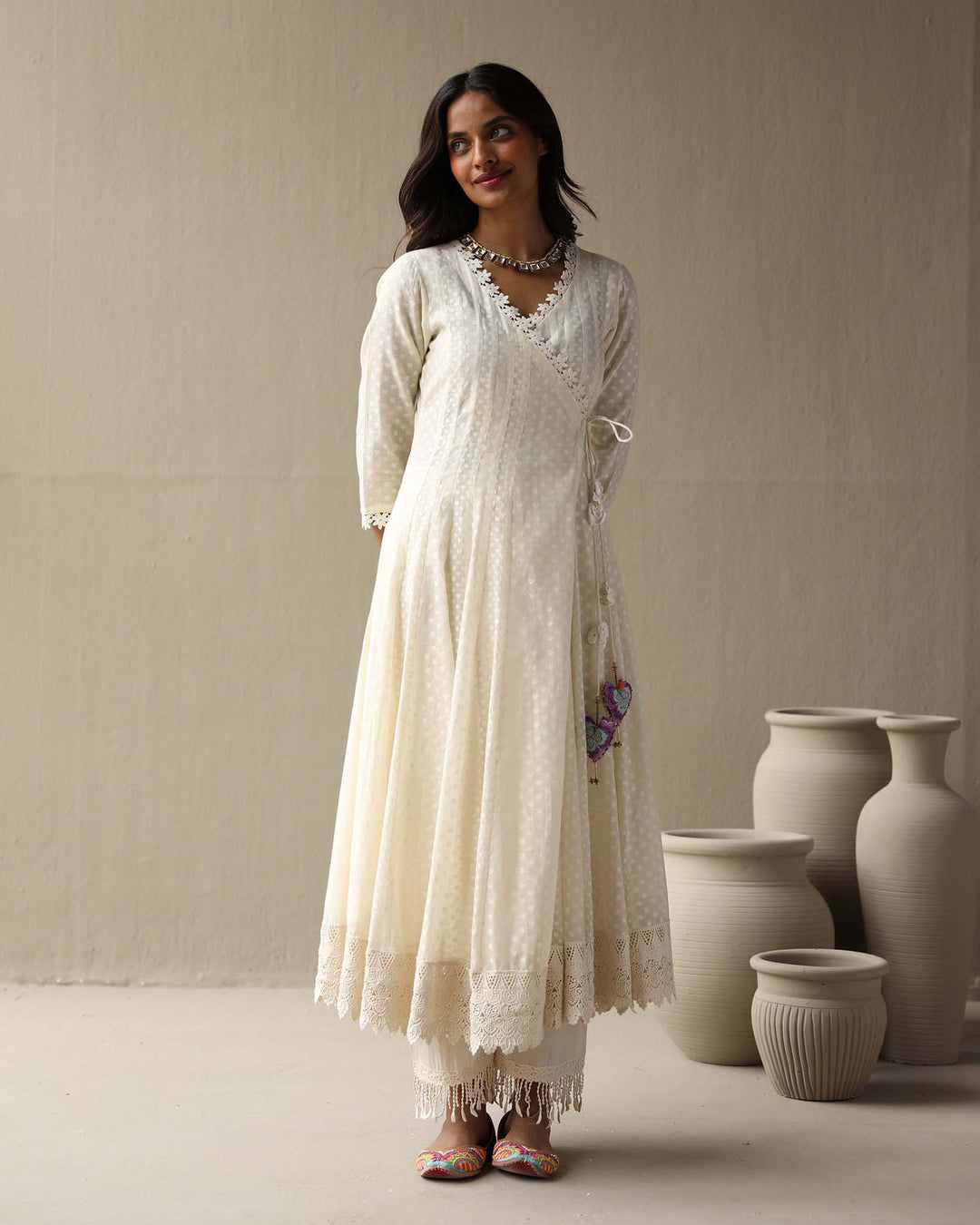 Aleyah Set- Lilac jamdani angrakha with pants and embroidered dupatta (Set of 3)