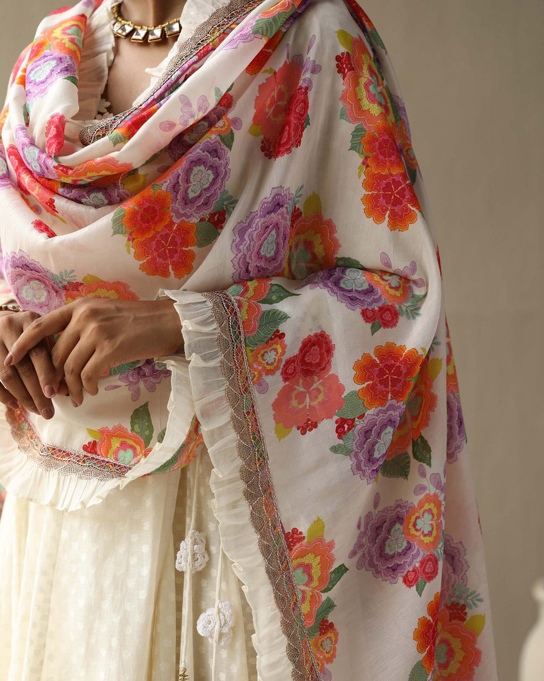 Aleyah Set- Lilac jamdani angrakha with pants and embroidered dupatta (Set of 3)