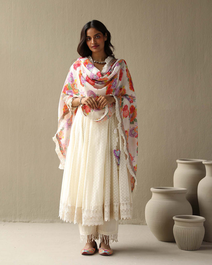 Aleyah Set- Lilac jamdani angrakha with pants and embroidered dupatta (Set of 3)