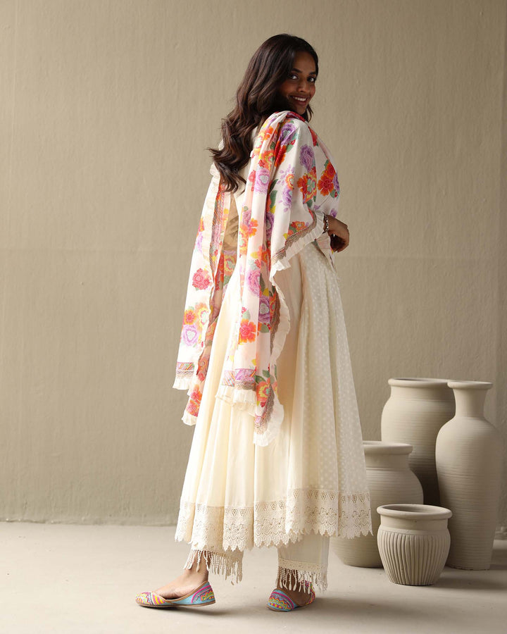Aleyah Set- Lilac jamdani angrakha with pants and embroidered dupatta (Set of 3)