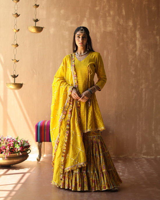 Jahanara Set- Mustard chanderi jamdhani angrakha with mulmul sharara and dupatta (set of 3)